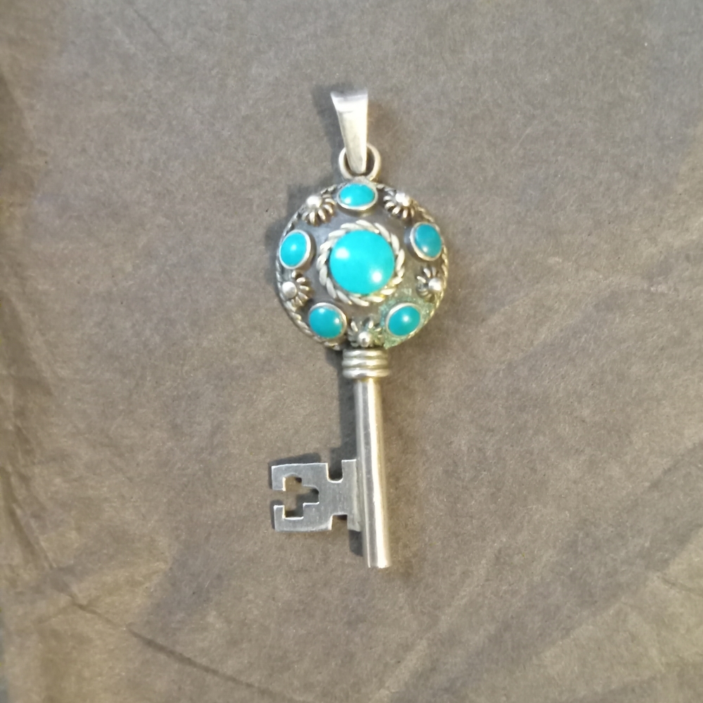 Sterling Silver & Turquoise Skeleton Key Pendant